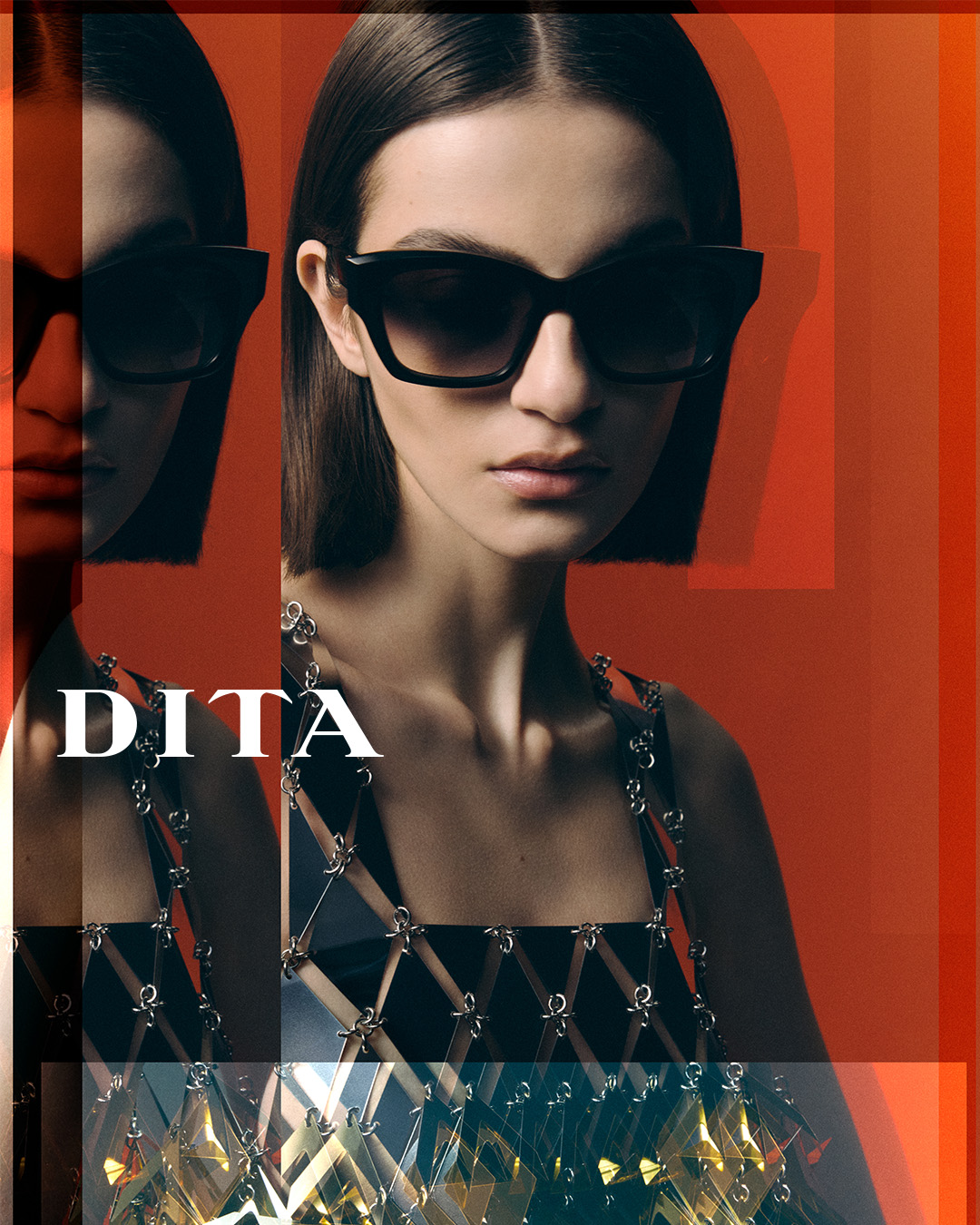 Femme brune aux cheveux lisses portant des lunettes solaires DITA cat‑eye noires devant fond rouge graphique, désormais disponibles chez Winston Optique